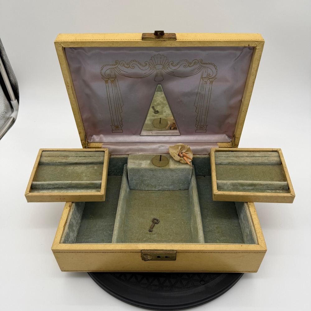 Vintage Mele Ballerina Musical Jewelry Box Cream Floral with Key Mid Century
